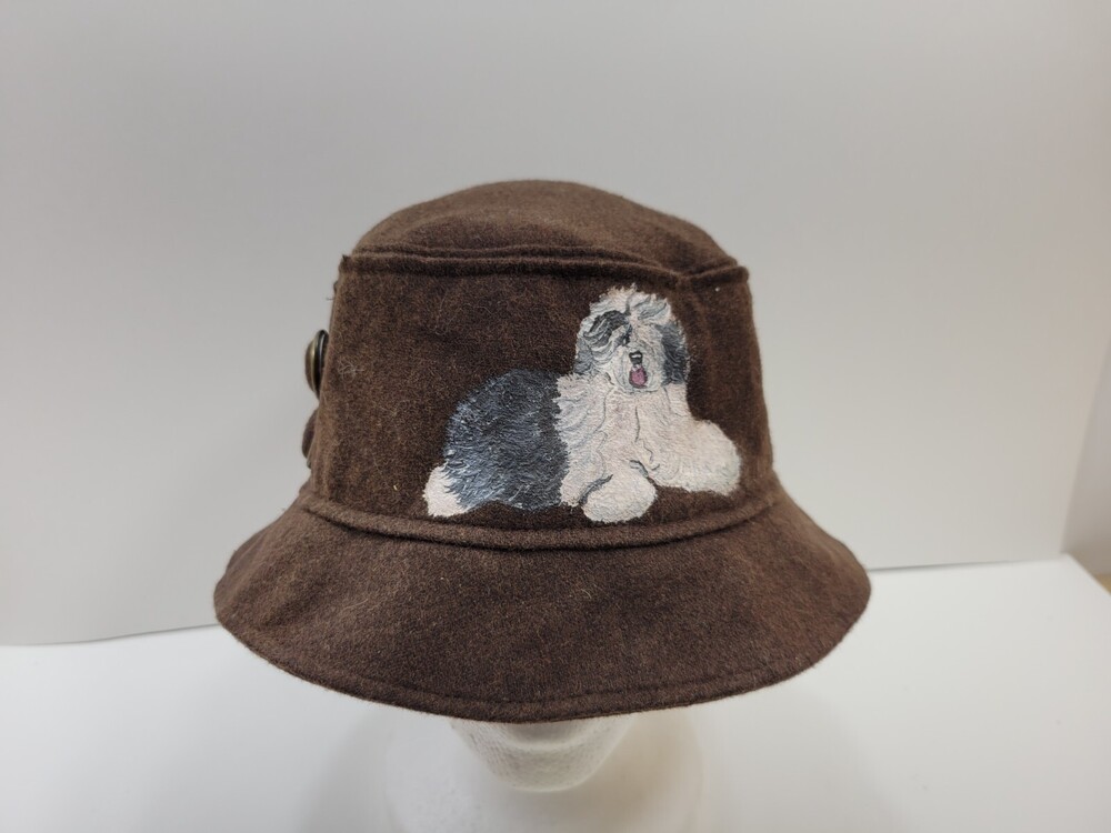 Nine West Brown Wool Blend Mens Bucket Hat with Sheepdog Dog Design Lined